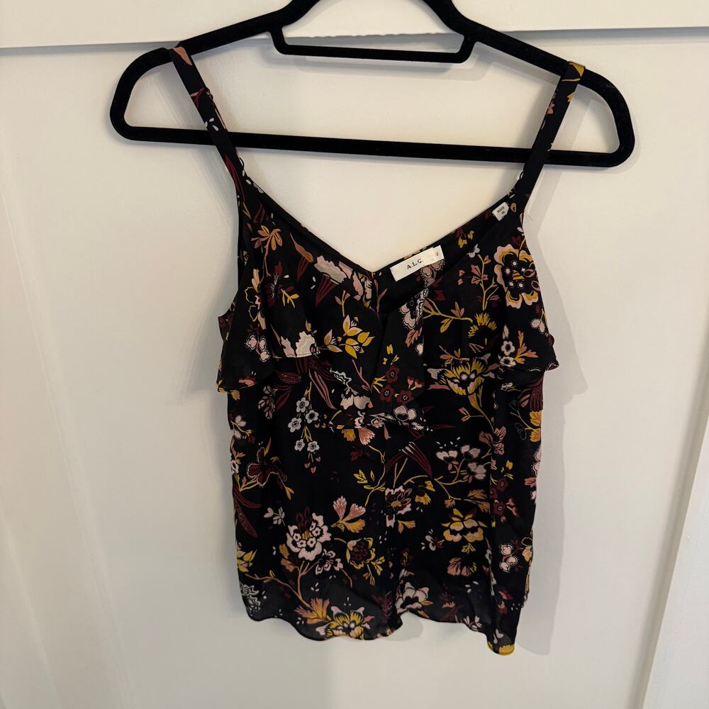 A.L.C. Black Floral 100% Silk Tank Top Ruffle V-Neck Adjustable Straps Size 2